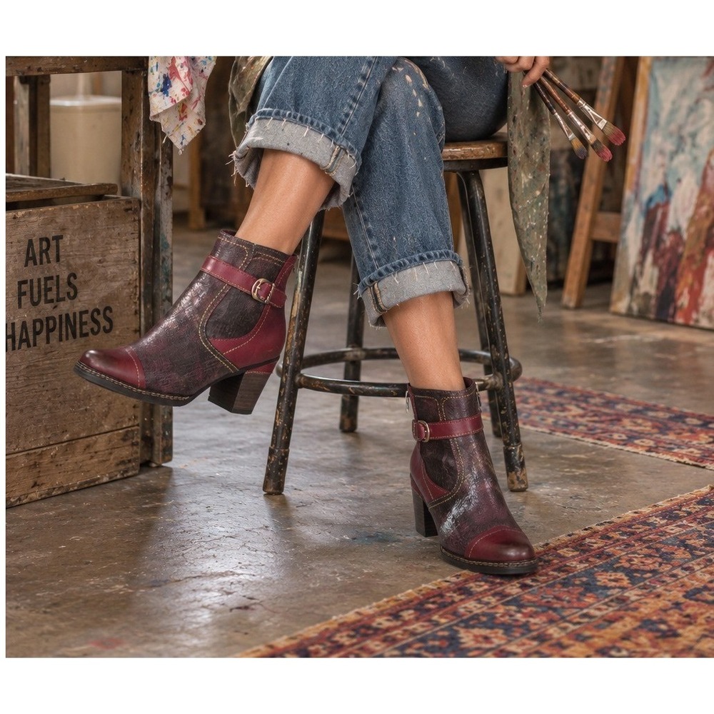 L Artiste Spring Step Women's Burgundy Leather Ankle Boots Size 37 Wedge Heel